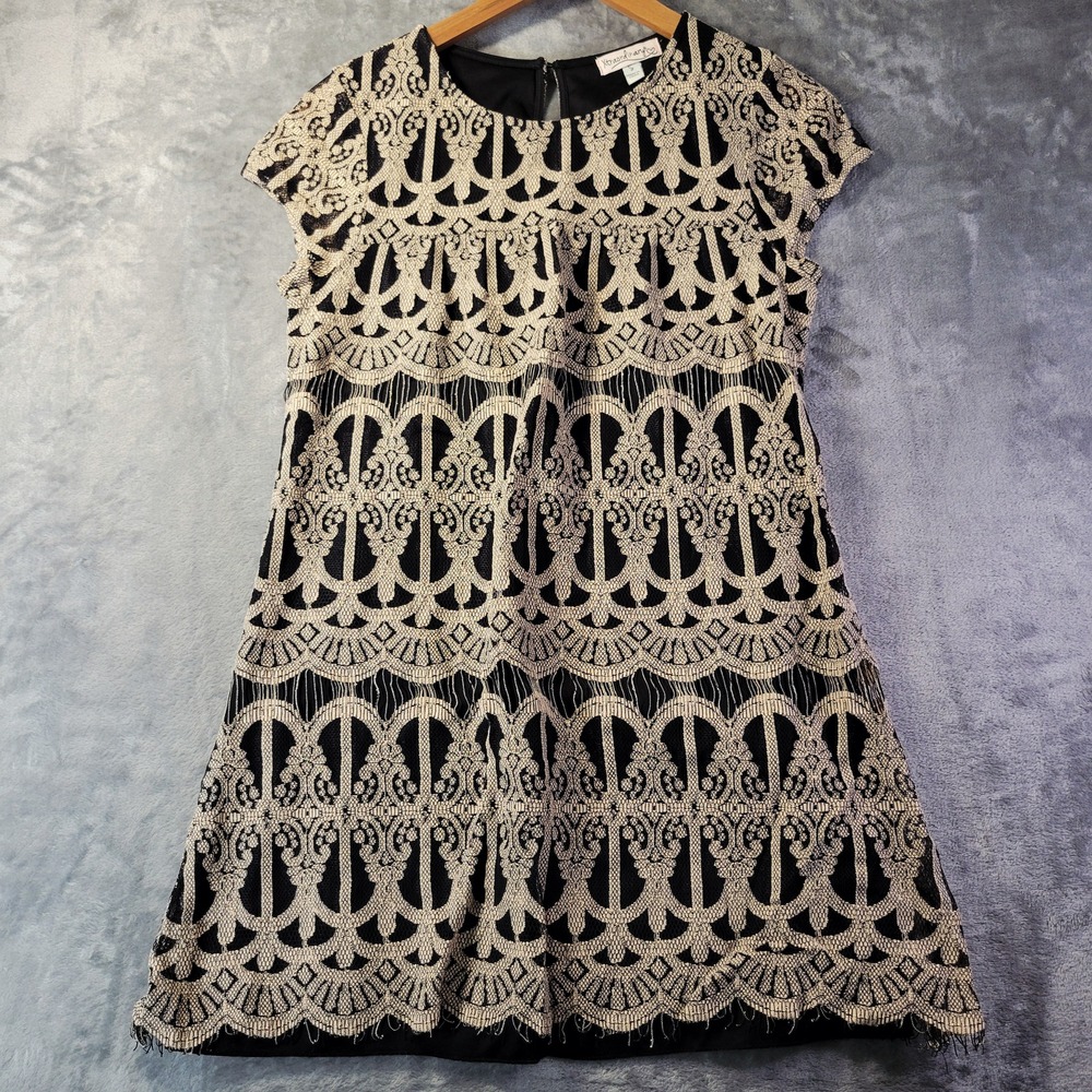 Xtraordinary Black Cream Lace Overlay Cap Sleeve Shift Dress Fairy Grunge S